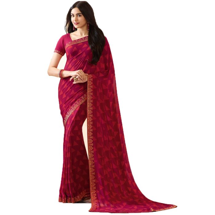 RAJESHWAR FASHION WITH RF Women's Geometric Triangle Prinred Georgette Saree With Jacquard Lace & Blouse(Maroon)