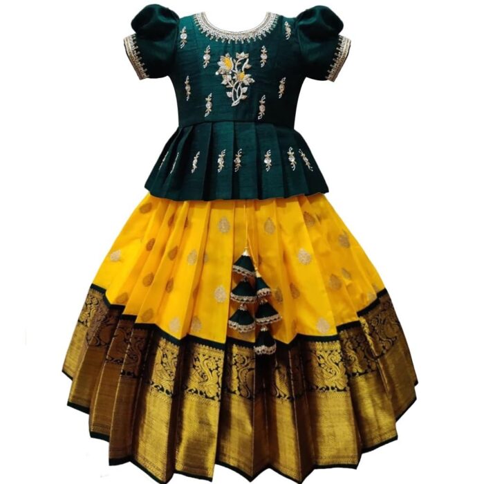 White Button New south Indian traditional pattu pavadai Jecquard Lehenga choli for girls dress (6-7 Years, Green,Yellow)