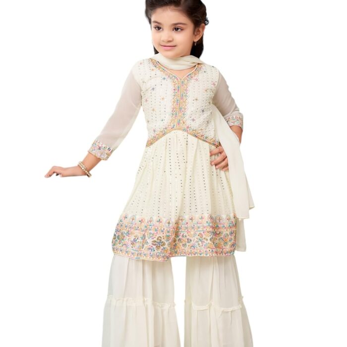 Aarika Girls Ethnic Wear Cream Colour Thread Sequin Embroidery Georgette Kurti Sharara Set (5-11 Years)