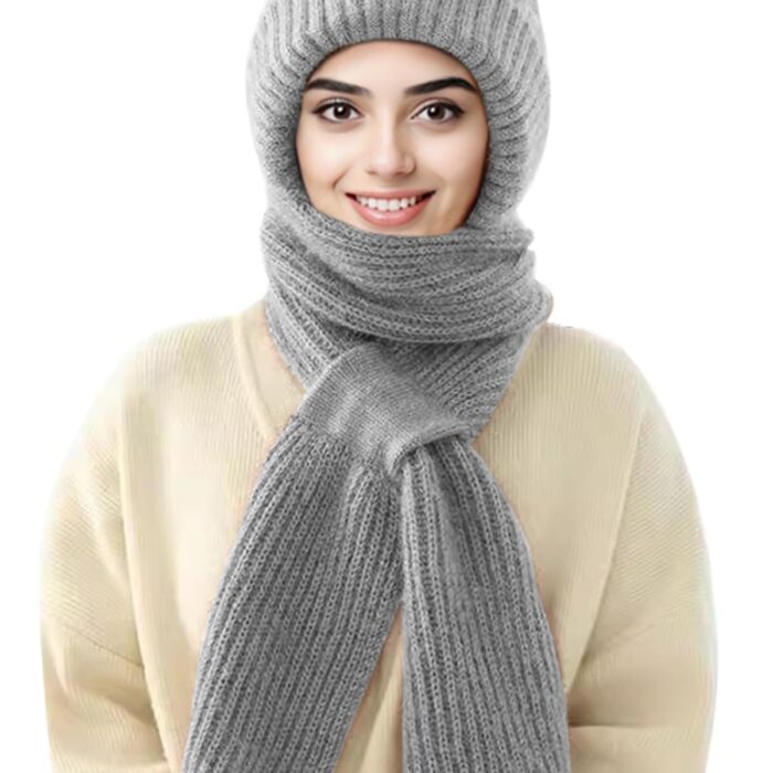 Sumolux Beanie Hat Scarf Integrated Ear Protection Windproof Cap Scarf Elastic Knitting Thick Warm Conjoined Winter, Grey, One Size