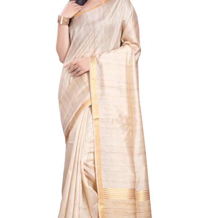 RANI SAAHIBA Women's Woven Art Tussar Silk Ghicha Saree With Blouse Piece(SKR11990_Beige)