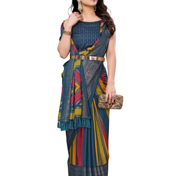 RAJESHWAR FASHION WITH RF Colorful Stripes Knit Foil Printed Pure Soft Bright Moss Silk Saree For Women With Tassels and Blouse_Morpichh