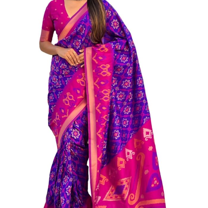 SGF11 Women's Kanjivaram Patola Soft Pure Silk Sarees With Unstitched Blouse Piece (Purple Pink)