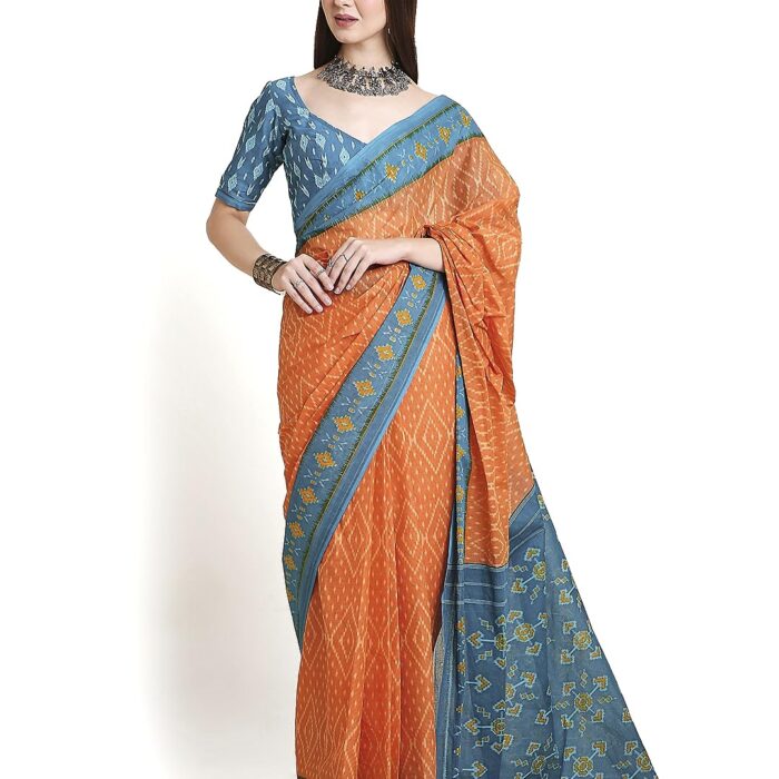 RATAN Pure Cotton Printed Mulmul Saree for Women with Blouse Piece (TANB-BP-21933_Orange)