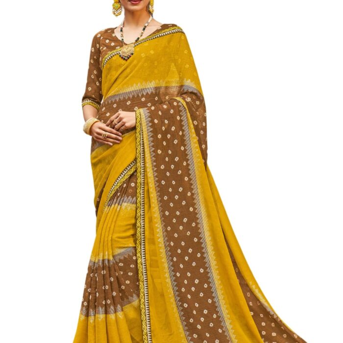 Laxmipati Sarees Women's Mustard Chiffon Elegant Designer Printed Saree with Unstitched Art Silk Blouse Piece – Festive & Party Saree, Festive Look Saree (Janki_8336)
