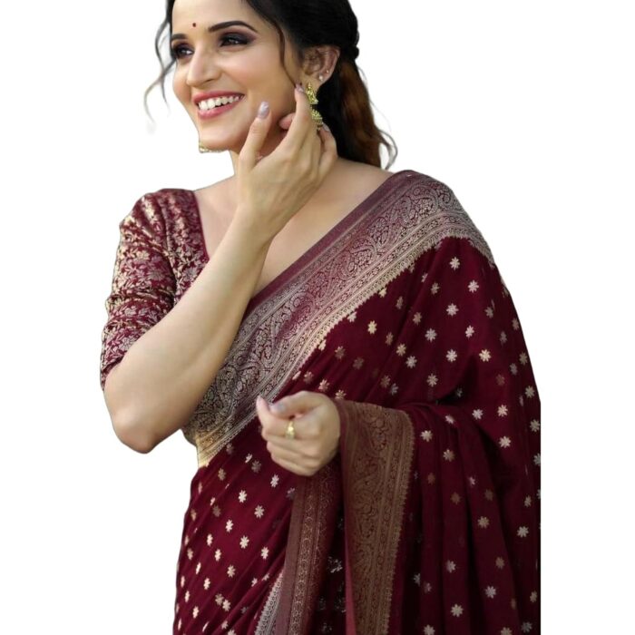 Fratona Women's Kanjivaram Soft Silk Banarasi Saree With Blouse Piece (DARK MAROON)