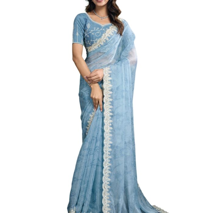 SIRIL Women's Tissue Silk Sequence Embroidery Scalloped Border Saree With Unstitched Blouse Piece (4292S930_Blue)