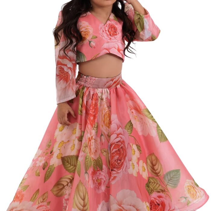 Helene Girl's Floral Printed Readymade Lehenga choli set | Georgette Silk Traditional Dress | Kids Ethnic Wear Set (7-8 Years, Pink)