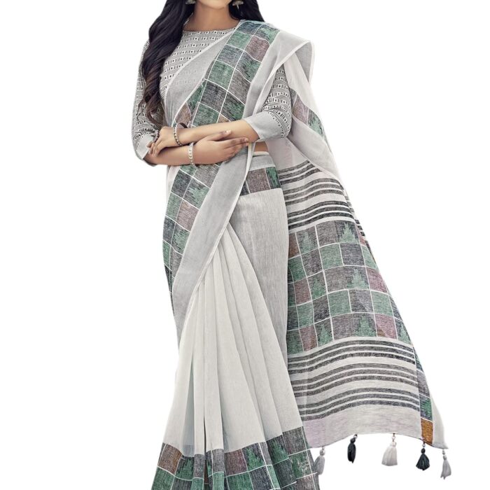 SIRIL Women's Silver Border & Printed Cotton Saree with Blouse(2501S9574_White)