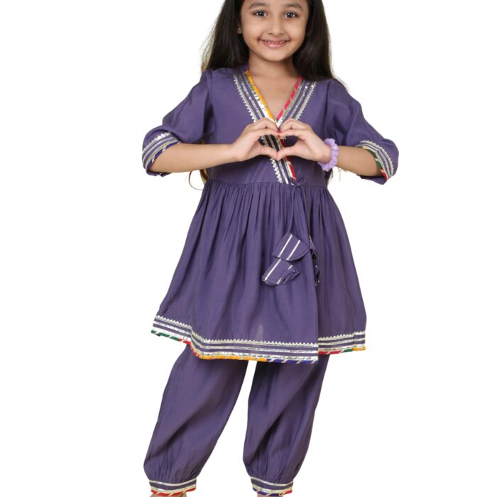 The Magic Wand Angharakha Kurti Pant Set for Kids Girls, Anarkali Frock Style Kurta With Balloon Pant, 3/4 Sleeves Gota Lace Suit Salwar Ethnic Dress For Festival, Purple, 7-8 Year