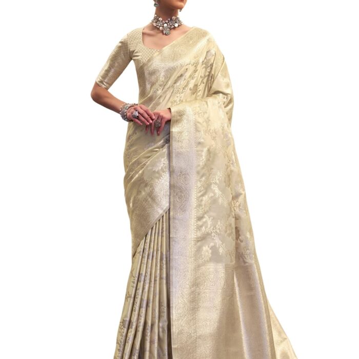 SIRIL Women's Banarasi Jacquard Silk Saree Pure Silk Saree With Unstitched Blouse Piece (4330S973_Cream)