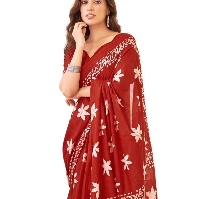 SIRIL Women's Pure Cotton Saree | Printed Saree With Unstitched Blouse Piece (3886S387A_Red)