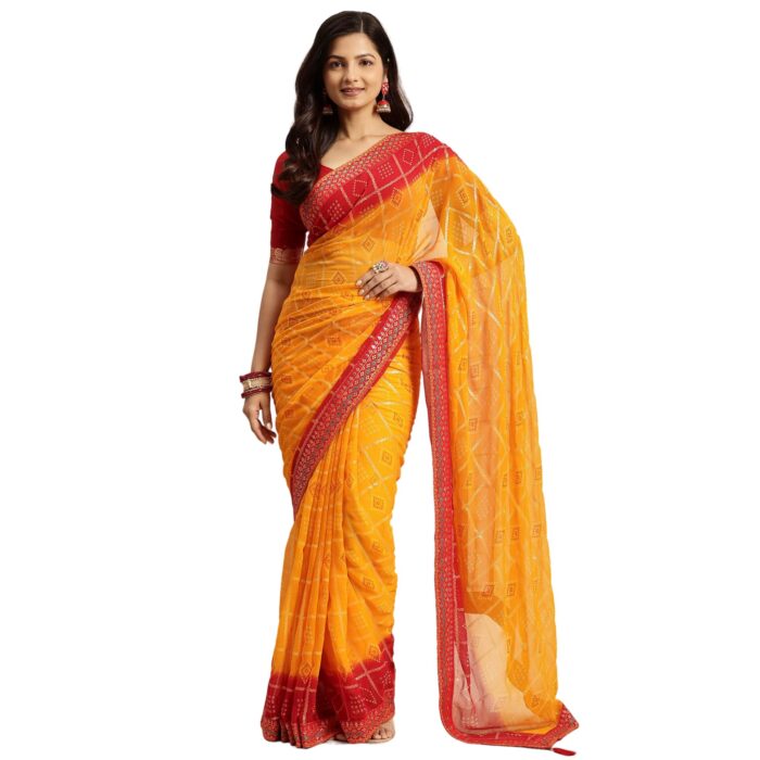 RATAN Women's Chiffon Bandhani Printed Saree without Blouse Piece(SHCH-36222_Yellow)