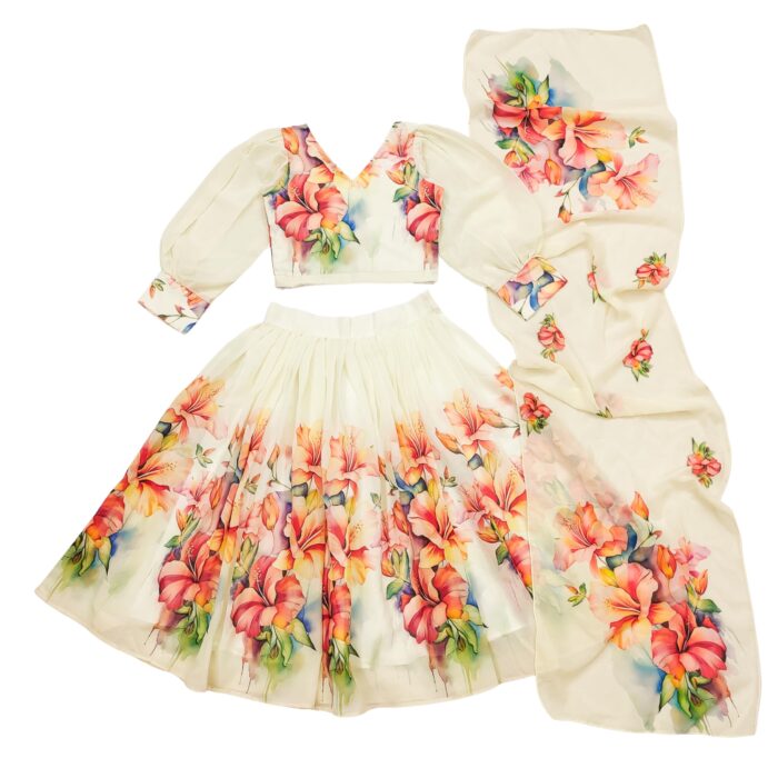 Helene Girls Georgette Silk Ruffle Sleeve Top and Printed Lehenga Choli Set | Readymade Ethnic Wear Dress (JSD_YP_02) (7-8 Years, Yellow)