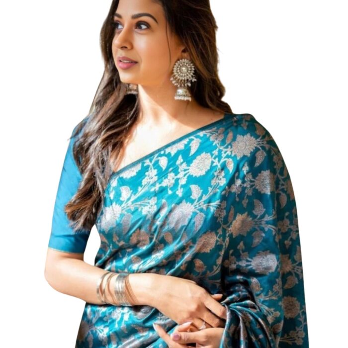 C J Enterprise Women's Banarasi Saree Pure Kanjivaram Silk Saree Soft Design Wear Pattu Sarees Latest Cotton With Blouse Piece Kanchipuram for Wedding sadi new ladies 2023 (Jaal Light Blue)