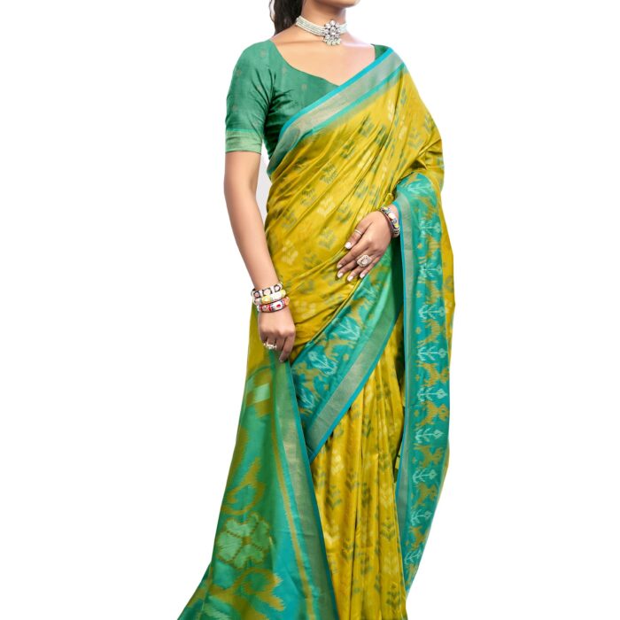 Astita Women's Pochampalli Soft Silk Saree with Grand Ikat Woven Pallu | Traditional Elegant Ethnic Wear Sari with Unstitched Blouse Piece for Festival, Wedding, Party (Mustrad Yellow)