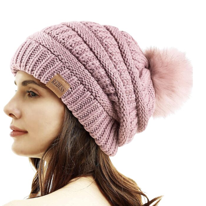 Tomorrow Fashion Womens Fleece Lined Slouchy Beanie Chunky Baggy Hat Fur Pompom Winter Soft Warm Cap Knit Beanie - Thick, Soft & Warm (in, Alpha, Free Size, Pink)