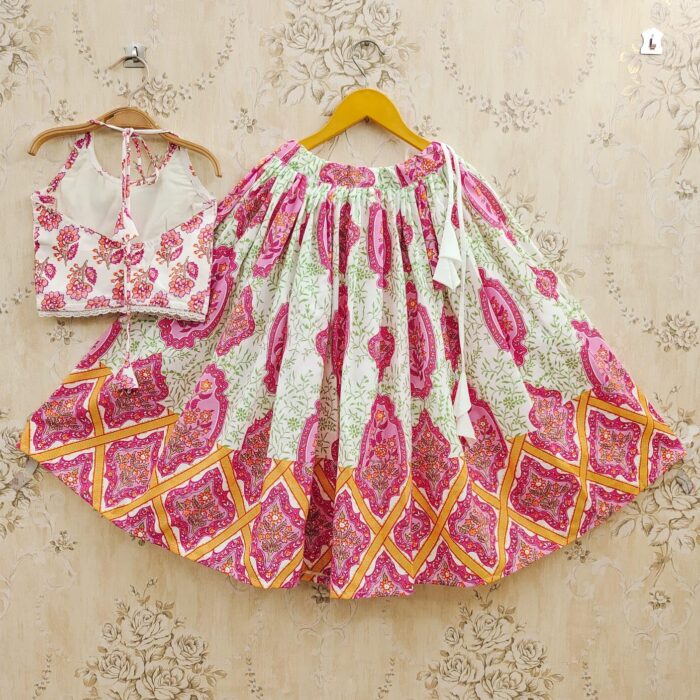 Q-one Store Girls Lehenga Choli Set in Rayon with Crepe Inner | Kids Ethnic Wear | Printed Halter Neck Choli & Flared Skirt | Party & Wedding Outfit