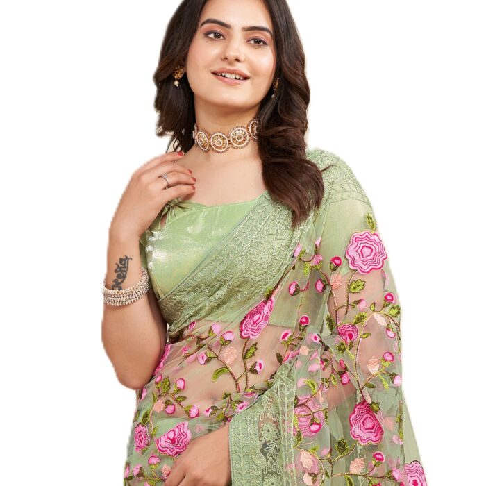 VAIRAGEE Women's Beautiful Soft Net Olive Green Embroidery Saree With Unstitched Blouse 6079_6