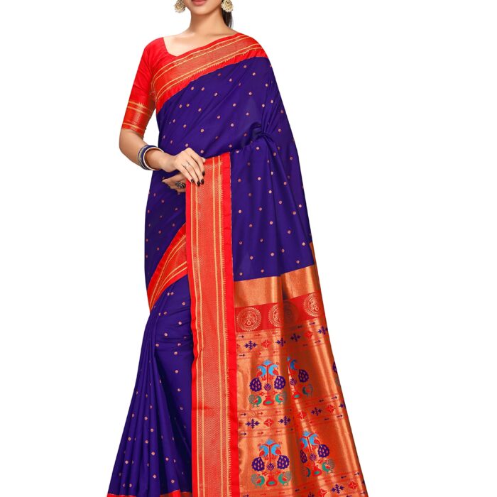Varkala Silk Sarees Women's Kadiyal Soft Silk Maharani Paithani Saree With Blouse Piece (V241A108-COPR_Violet & Red)
