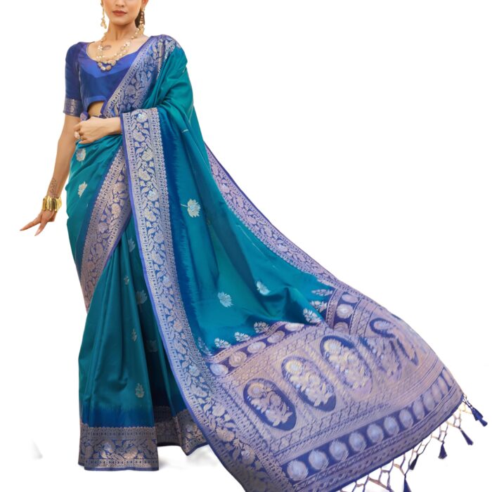 SWORNOF Women's Kanjivaram Soft Silk Banarasi Sarees With Unstiched Blouse Piece (BLUE)