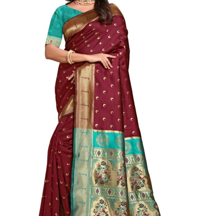 C J Enterprise Women's Banarasi Saree Pure Kanjivaram Silk Saree Soft Design Wear Pattu Sarees Latest Cotton With Blouse Piece for Wedding sadi new ladies 2025 (Chand paithani) (Maroon-Rama)