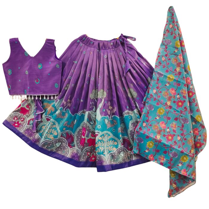 Kids Silk Blend Lehenga Choli Set with Kalamkari Design and Tassel Blouse | Girls Ethnic Lehenga Choli Set | Kids Traditional Dress (Jambli, 6-7 Years)