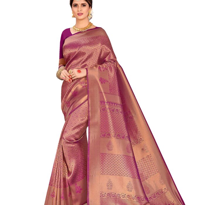Vardha Women's Kanchipuram Raw Silk Saree with Unstitched Blouse Piece - Zari Woven Work Sarees for Wedding (Kyra Silk, 356, Wine)
