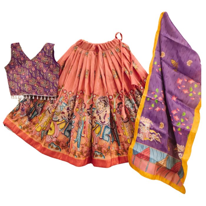 Shlok Fab Girls Readymade Ethnic Printed Lehenga Choli with Dupatta Set - Traditional Festive & Wedding,Navratri Dress for 2-8 Years Kids Girls (orange, 7-8 Years)