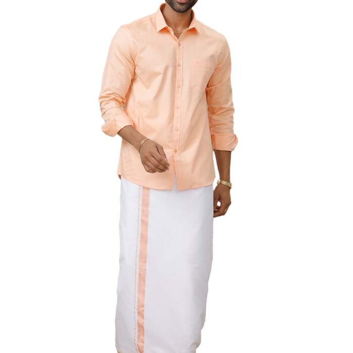 RAMRAJ COTTON Men COTTON Blend Regular Fit Full Sleeve Peach Solid Shirt With Matching Border Dhoti (Peach; 40), Beige