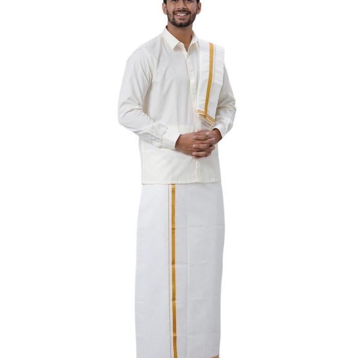 RAMRAJ COTTON Men Shirt With Dhoti and Towel(Cream_1;40)