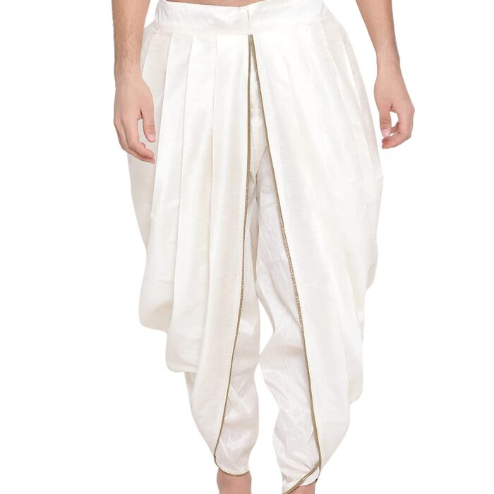 VASTRAMAY Men's Cream Silk Blend Dhoti | Embroidered Versatile Dhoti, Pair This With Any Kurta Or Sherwani | Traditional and Comfortable, Perfect for Weddings, Festivals, and Ceremonies, Onam