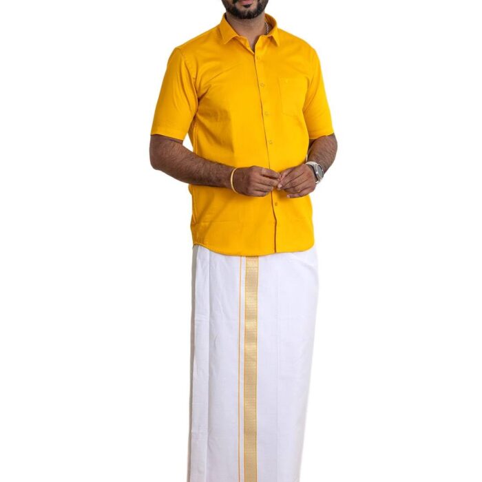 Men 100% LUXE Cotton Shirt and Fancy Border Dhoti Set (Orange, 38)