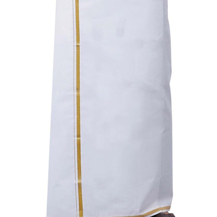 RAMRAJ COTTON Men Double layer Solid White | Regular Dhoti With 1/2 inch Gold Jari Border | Size : 1.27m X 3.80m
