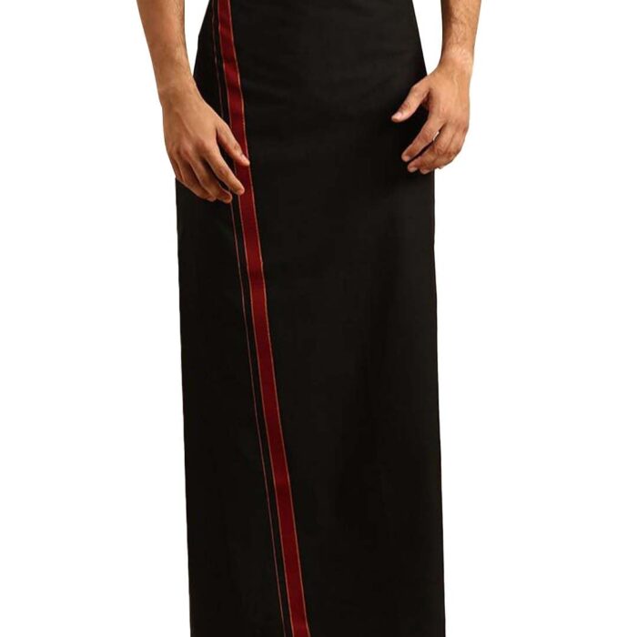 RAMRAJ COTTON Men Single Layer Solid Black Devotional Dhoti With Mayilkhan Border