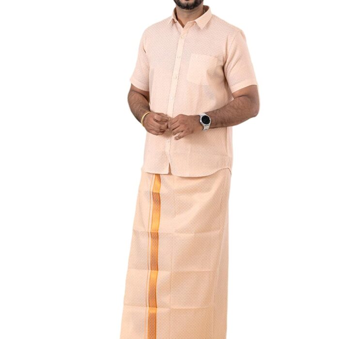 RAMRAJ COTTON Men Tissue Copper Shirt and Dhoti set|Ideal for Festival and Wedding Occassion