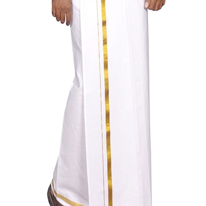 PRAKASAM COTTON Mens White Single (4Mulam) Cotton Dhoti with Jari Border (Pack of 1 Dhoti, Size- 1.30X2.00 Mtrs)