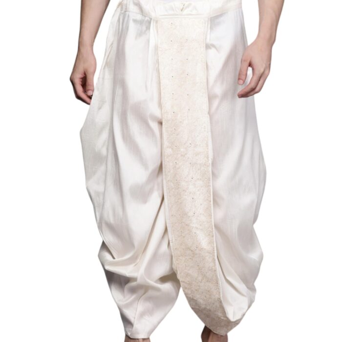 Manyavar Mens Cream Art Silk Solid Dhotis