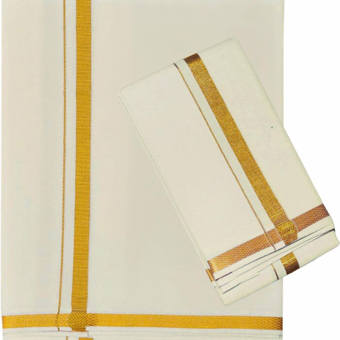 PRAKASAM COTTON Cream Jari Border Cotton Blended Single (1.28X2.00mtrs) Dhoti For mens/Poly Cotton 50 White jari dhoti & Matching Single Jari towel