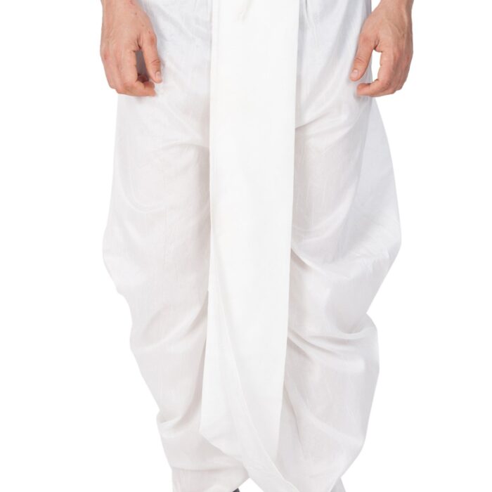 VASTRAMAY Men's White Silk Blend Readymade Elastic Traditional Dhoti – Comfortable Pre-Stitched Dhoti for Weddings, Festivals, and Special Occasions