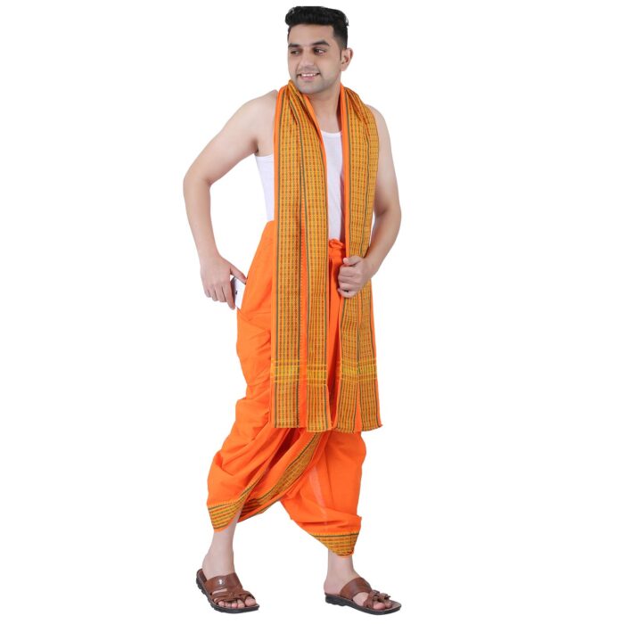 PRAKASAM COTTON Men's Panchakacham (Ready to wear) dhoti towel set with pocket- free size (Orange)