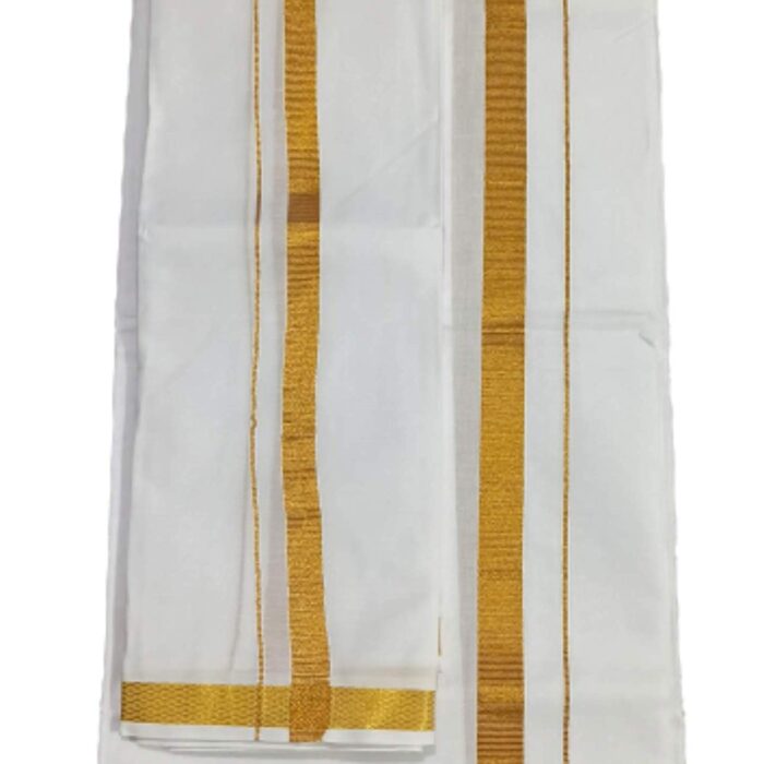 SMT Men's Traditional Cotton Single Dhoti Lunge with Big Gold Border.Plus 1 Angvastram Towel 1.80 Meters Length.(White, Free Size ).Set.A1