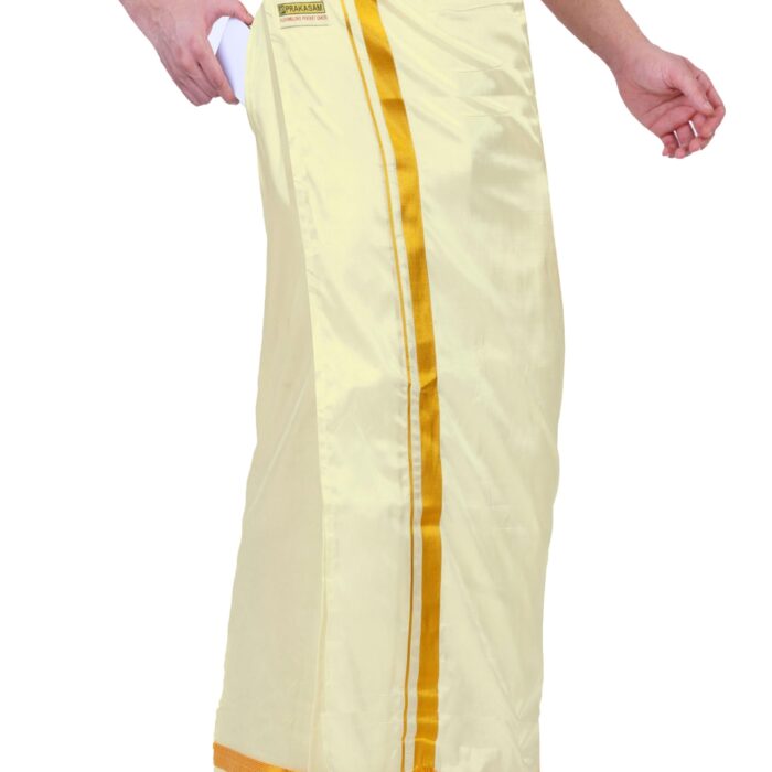 PRAKASAM COTTON Double Layer 8 Mulam Velcro Pocket Dhoti for men | Mundu with Golden Jari Border, Readymade Dhoti for men with Silky Look, South Indian Veshti(Cream,34)